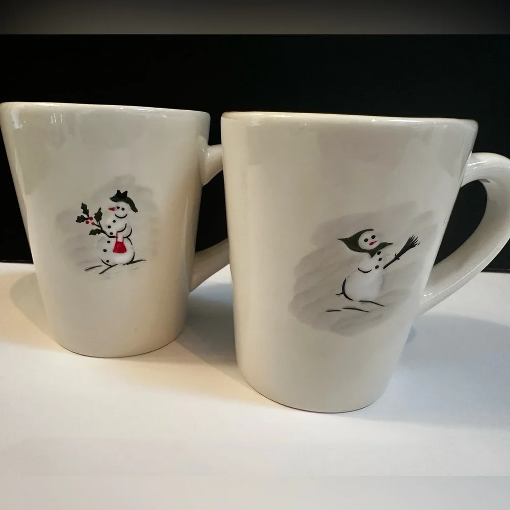 Williams Sonoma Set Of 2 Snowman Christmas Mugs 2003 Vintage Holiday Winter